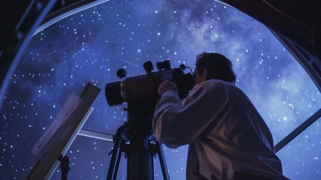 unspalsh astronomer observing stars with telescope starry night sky